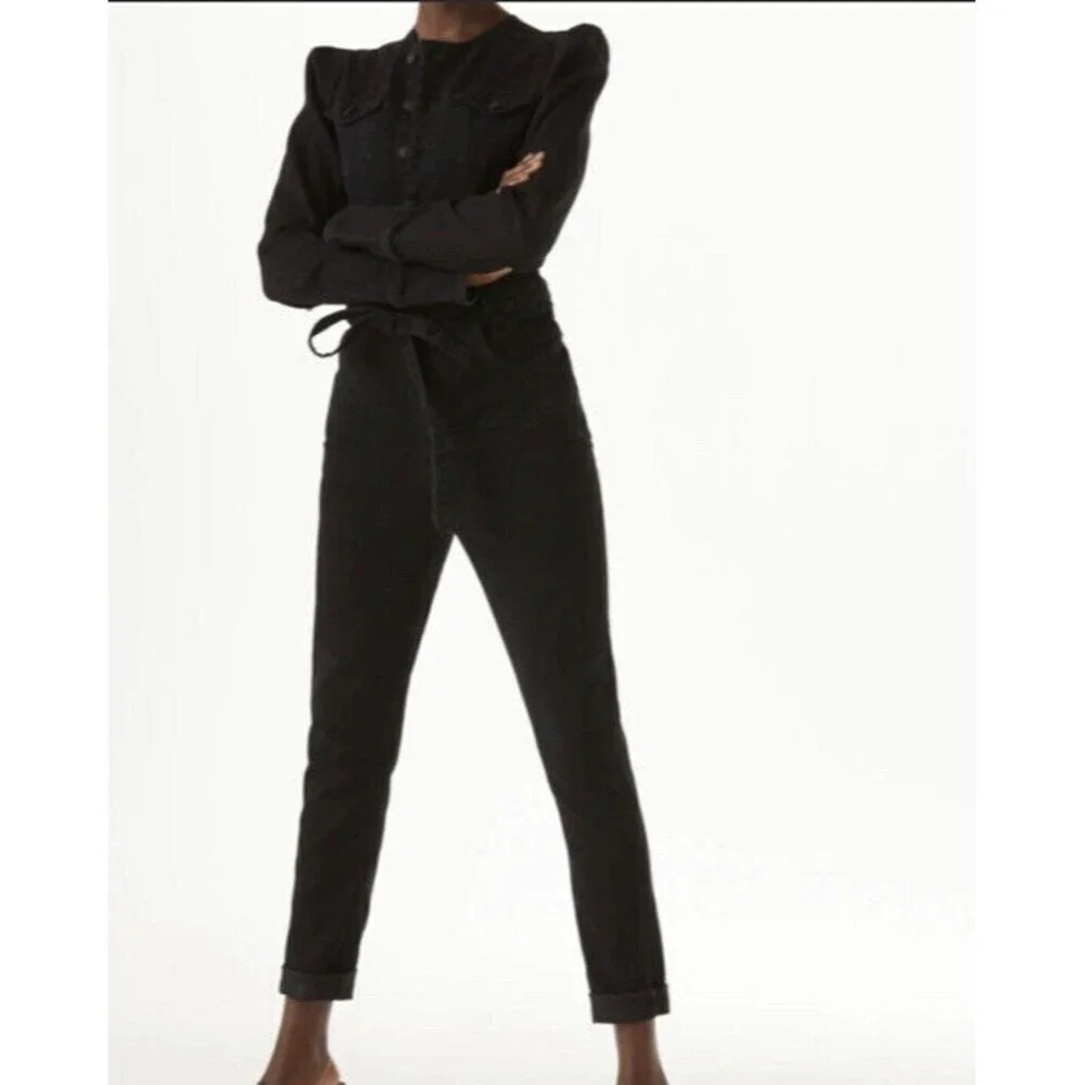 Hudson Puff-Sleeve Denim Jumpsuit Women’s Size S Washed Black NWT